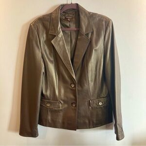 TESORI Sz XL Classic Cool Gold  Pewter Classic Pockets Leather Statement Blazer